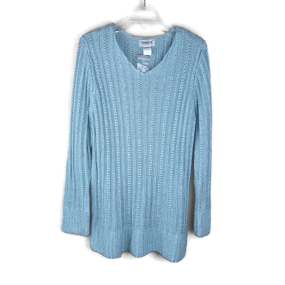 Tribeca Studio Sweater Women's M Light‎ Blue Ribbed Knit V Neck Long Sleeve